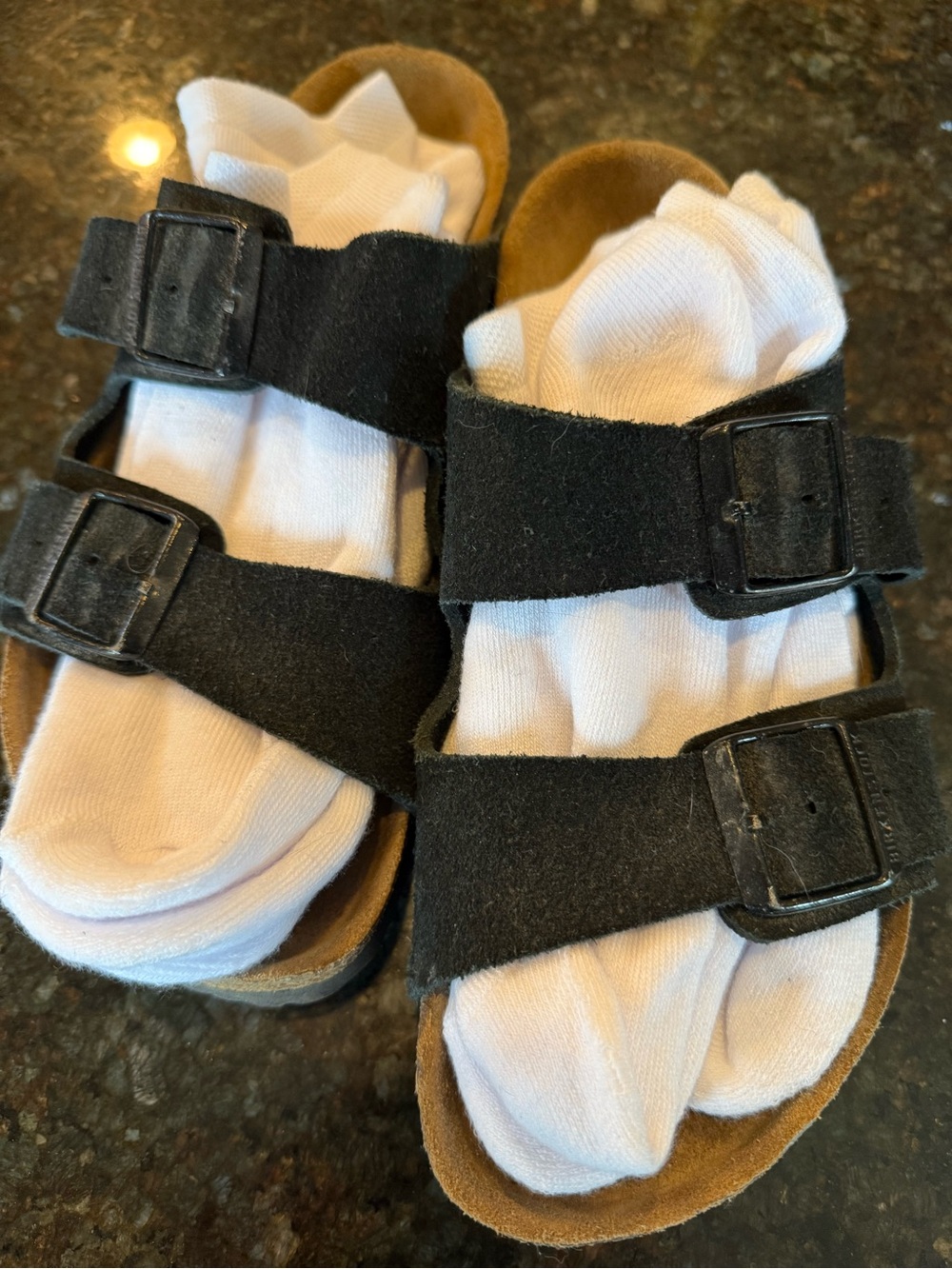 Birkenstock Black double Strap Suede cork Footbed Sandals